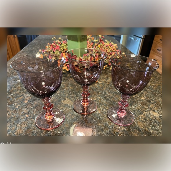 Vintage Other - Vintage-Set of Three Purple Wheat Etched Wine/Water Goblets.